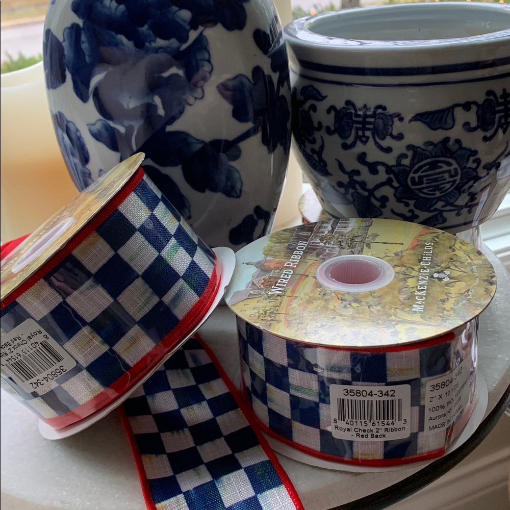 NWT-MacKenzie-Childs Royal Courtly Check Blue White Wired Ribbon w/Red Trim Back